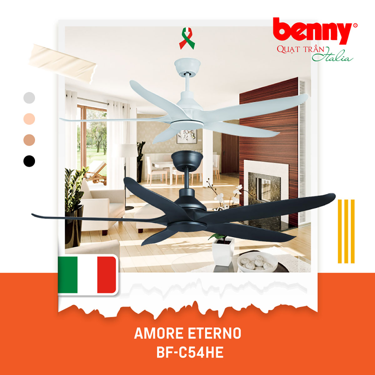 Quạt trần Amore Enterno Benny BF-C54HE, 5 cánh đem lại vẻ đẹp sang trọng, tinh tế và hiện đại cho không gian ngôi nhà của bạn có điều khiển thông minh từ xa tiện dụng