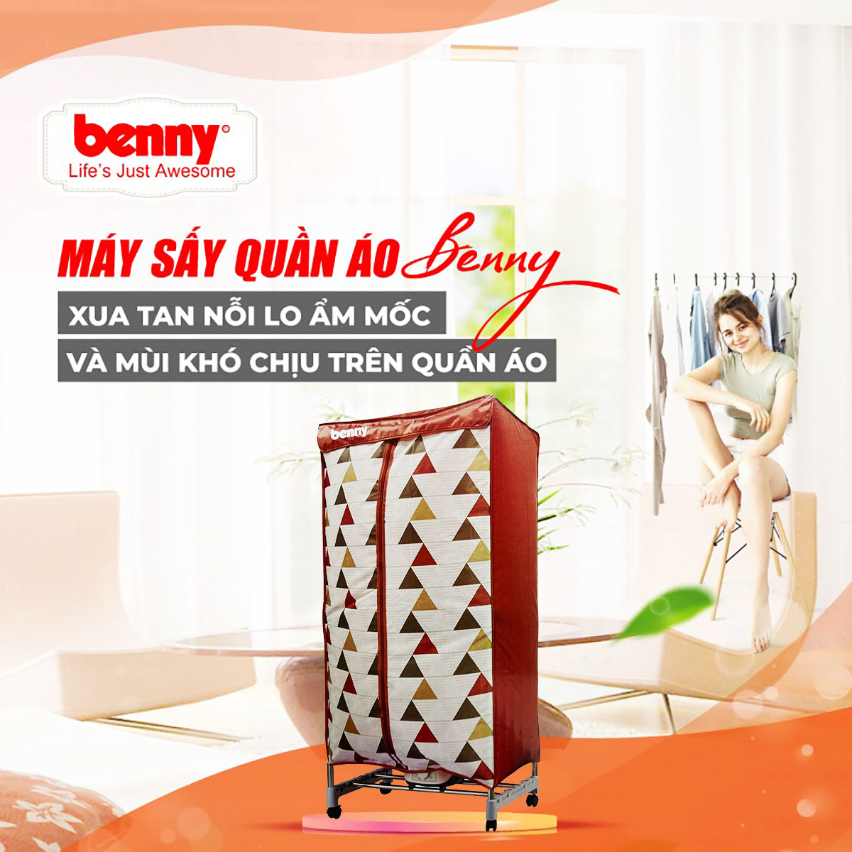 Máy sấy quần áo Benny BD-03 giúp xua tan nỗi lo ẩm mốc và mùi khó chịu trên quần áo