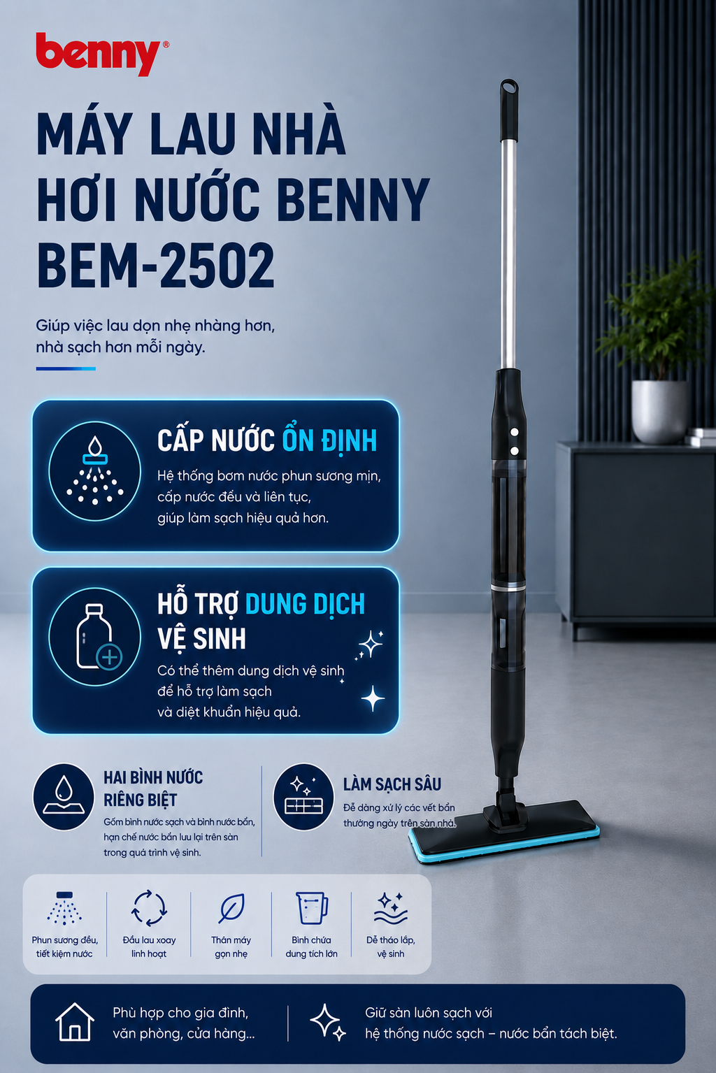 Máy Lau Nhà Hơi Nước Benny BEM-2502 Máy Lau Nhà Hơi Nước Benny BEM-2502