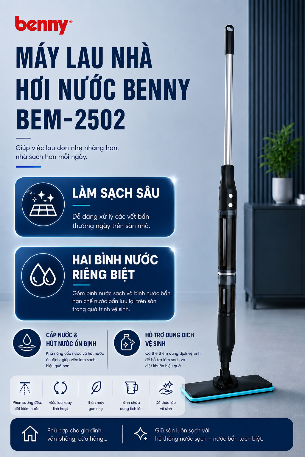 Máy Lau Nhà Hơi Nước Benny BEM-2502 – Lau Nhà Không Bẩn Tay 14 Máy Lau Nhà Hơi Nước Benny BEM-2502